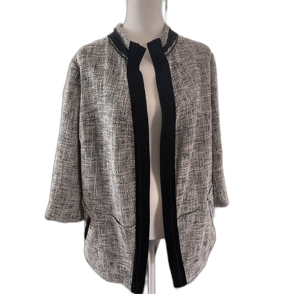 Tahari Tweed Blazer Jacket Black White Open Front Career Office Plus 1X